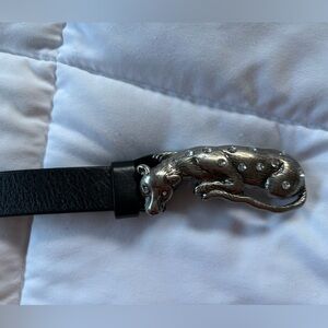 Vintage Leather Black and Silver Rhinestone Cat Buckle Belt